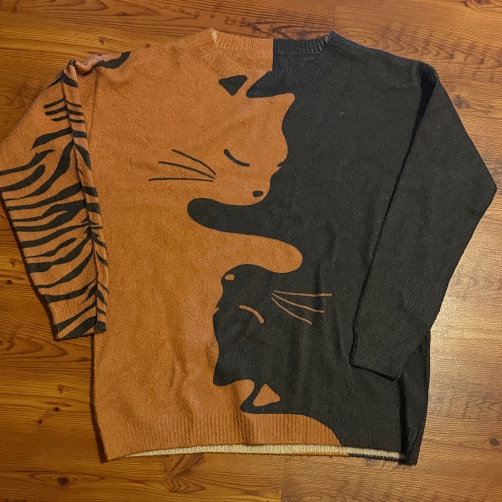 Artistic Cat Design Sweater - Black and Brown
